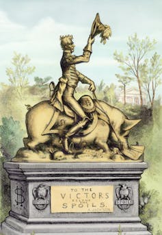 A cartoon depicts a statue of a man riding a pig with the words 'To the Victors goes the Spoils'
