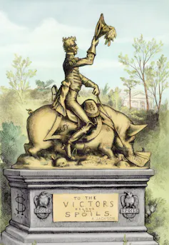 A cartoon depicts a statue of a man riding a pig with the words 'To the Victors goes the Spoils'