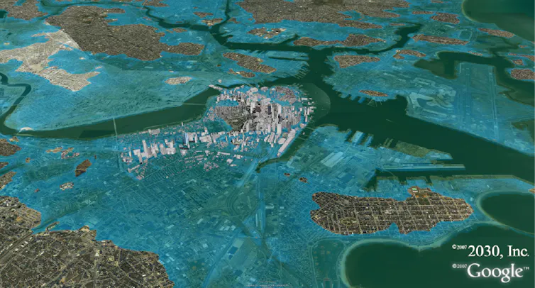 A 3D map of Boston showing sea level if most of Greenland melted. It covers most of the city and surrounding areas.