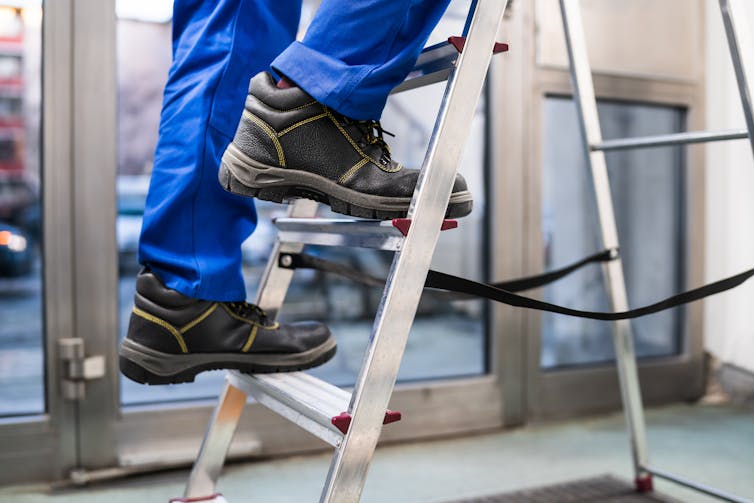 Closeup of feet on steps of a ladder