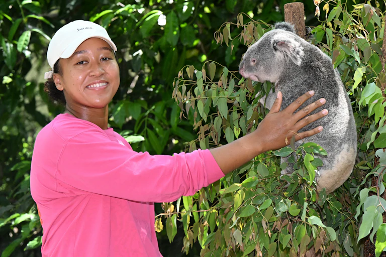 Naomi Osaka is seen with “Milton” the Koala during a visit to Lone Pine Koala Sanctuary in Brisbane, Friday, December 29, 2023