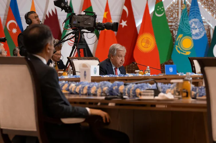 UN photo showing secretary general, António Guterres, addressing the SCO.