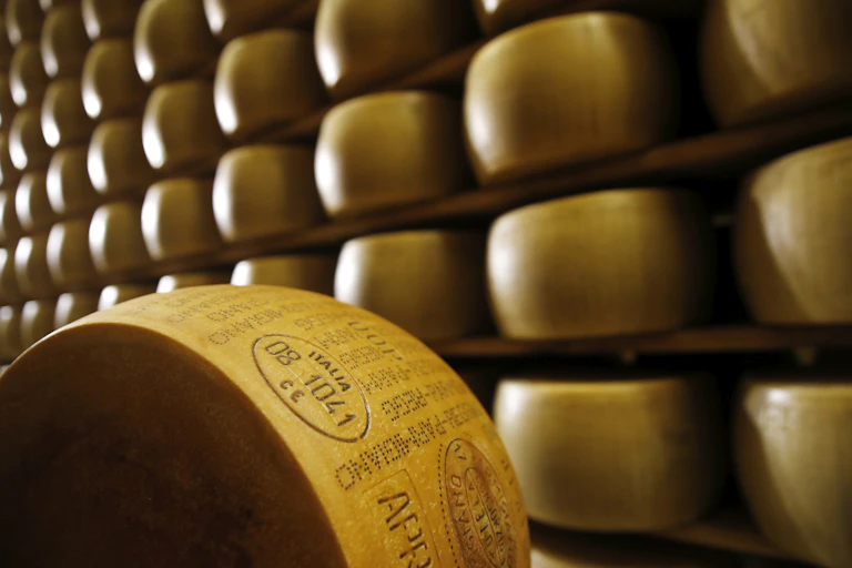 Shelves with wheels of cheese on them.