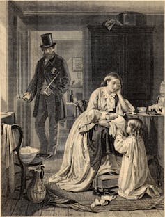 A black and white drawing of a woman sitting at a table with children at her feet as a man in evening wear and a top hat walks through the door.