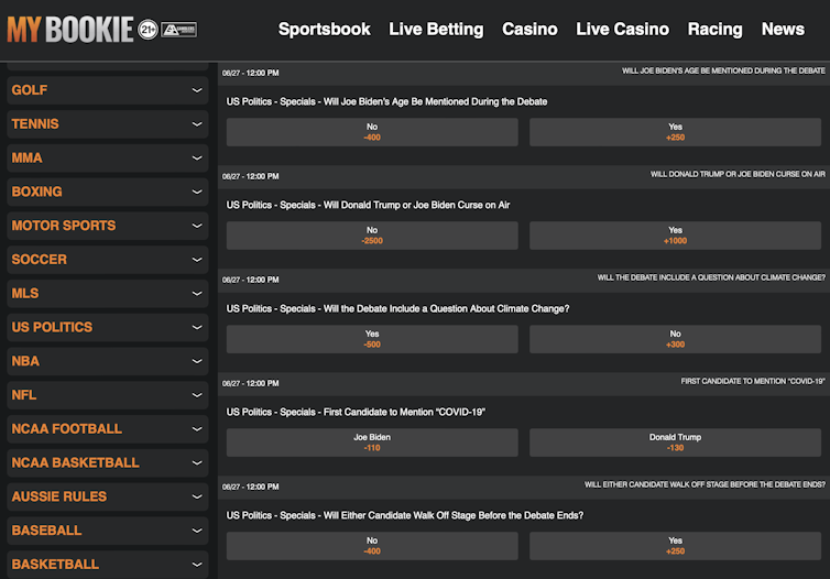 Screenshot of a betting menu on the 2024 first presidential debate.