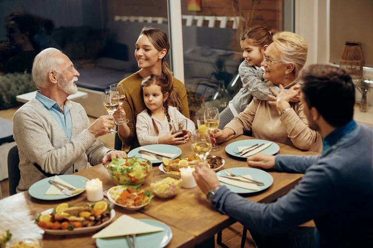 Family eating dinner at a table