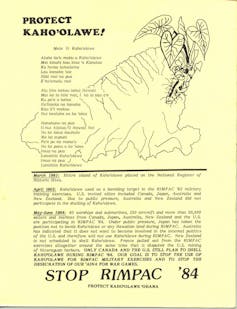 A campaign flyer with the heading 'Protect Kaho‘olawe!' in black on a pale yellow background. The flyer includes a mele (song) for Kaho‘olawe, a drawing of the island and a kalo (taro) plant, and text beneath about why RIMPAC should be stopped.