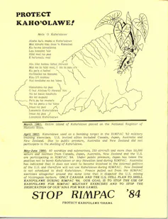 A campaign flyer with the heading 'Protect Kaho‘olawe!' in black on a pale yellow background. The flyer includes a mele (song) for Kaho‘olawe, a drawing of the island and a kalo (taro) plant, and text beneath about why RIMPAC should be stopped.