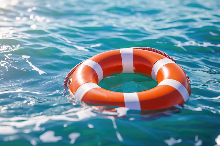 blue surface of sea, white and orange lifebuoy ring floating on right side