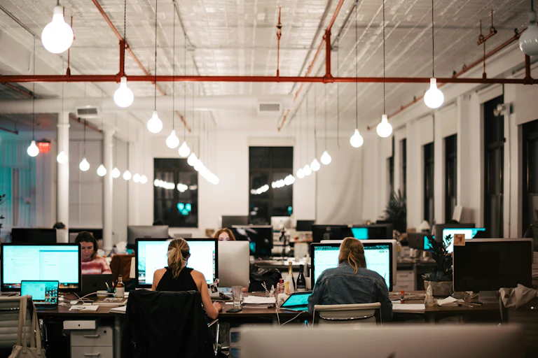 People at computers in an office.