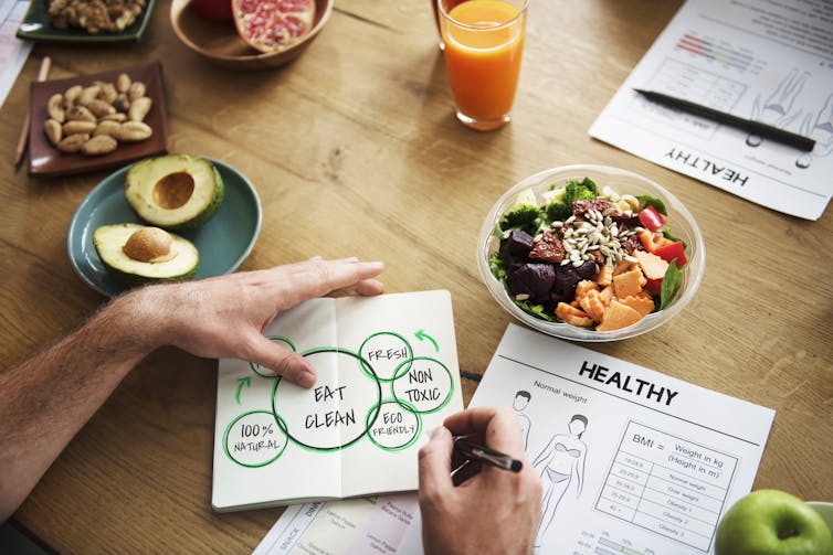 A person writes in a food journal. They have plates of healthy foods on a table nearby.