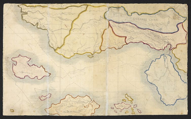 Carte dessinée du pays imaginaire inventé par Branwell et Charlotte Brontë, tirée de leurs carnets