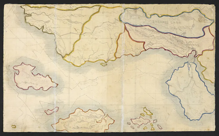 Carte dessinée du pays imaginaire inventé par Branwell et Charlotte Brontë, tirée de leurs carnets