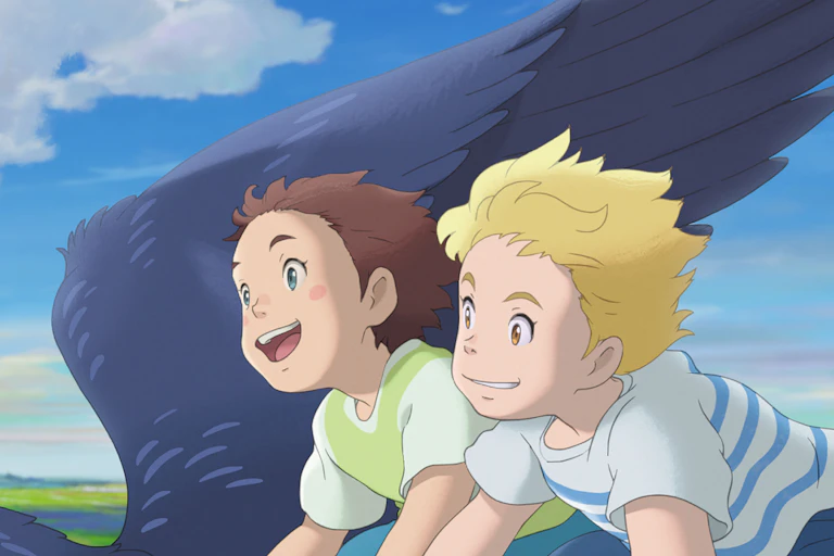 A young boy and girl fly on an eagle's back