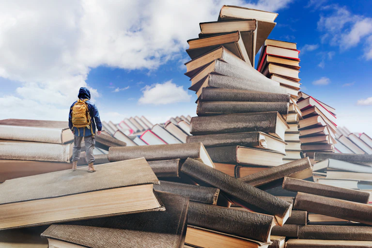 Voyageur avec un sac à dos debout dans une vallée de montagnes fantastiques faites de livres