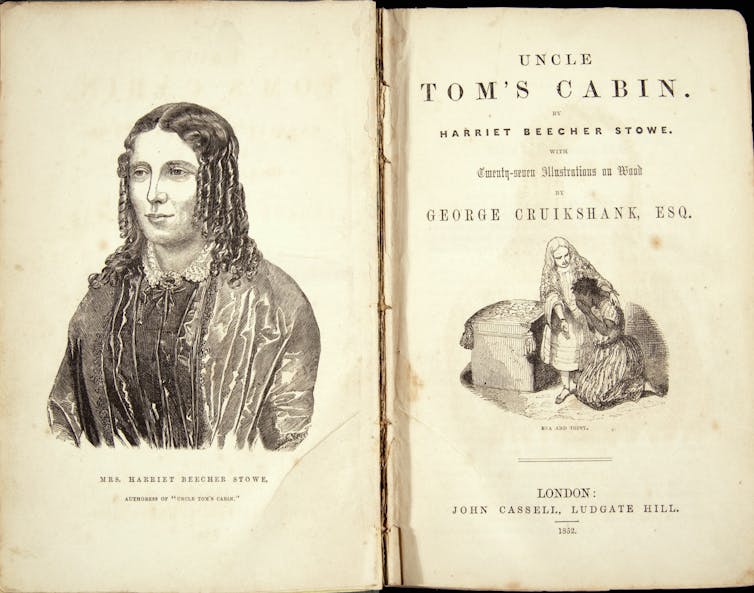 A book is opened to show an image of a white woman and the the title of her novel 'Uncle Tom's cabin.'