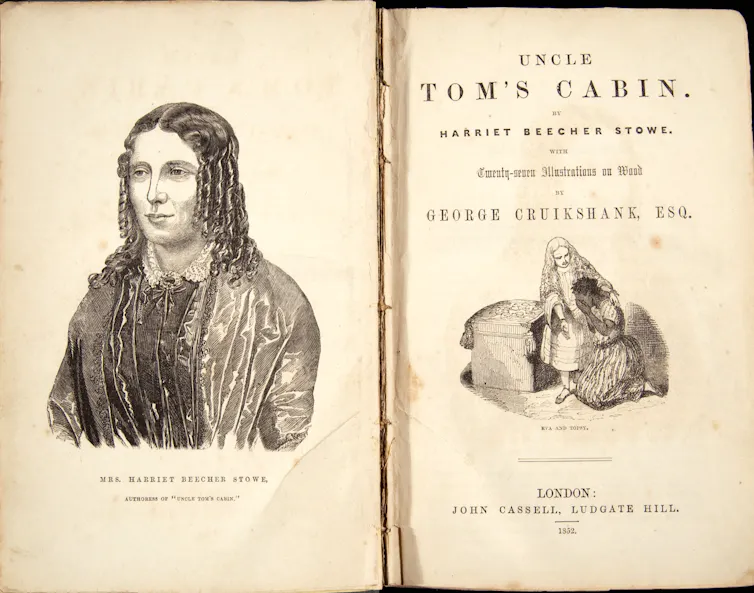 A book is opened to show an image of a white woman and the the title of her novel 'Uncle Tom's cabin.'