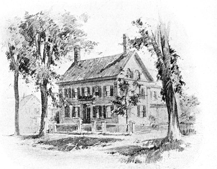 A black-and-white drawing drawing shows a two-story house with two fireplaces and surrounded by trees.