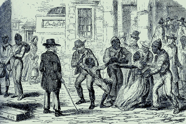A white man takes a Black child from his pleading mother.