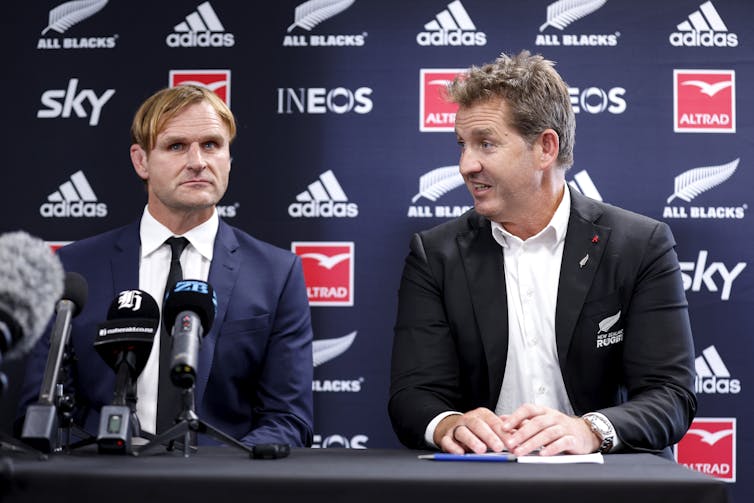 All Blacks coach Scott Robertson with NZ Rugby CEO Mark Robinson at press conference