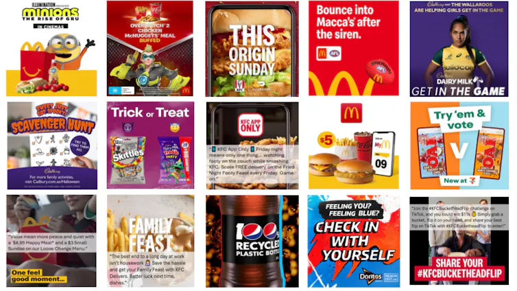 A grid of junk food ad images featuring sports alongside several major brands.