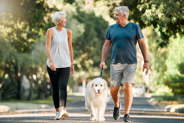 A middle-aged couple walk their dog in a park.