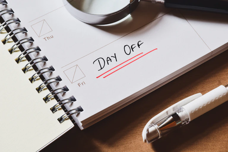 A work diary with a day off on Friday underlined