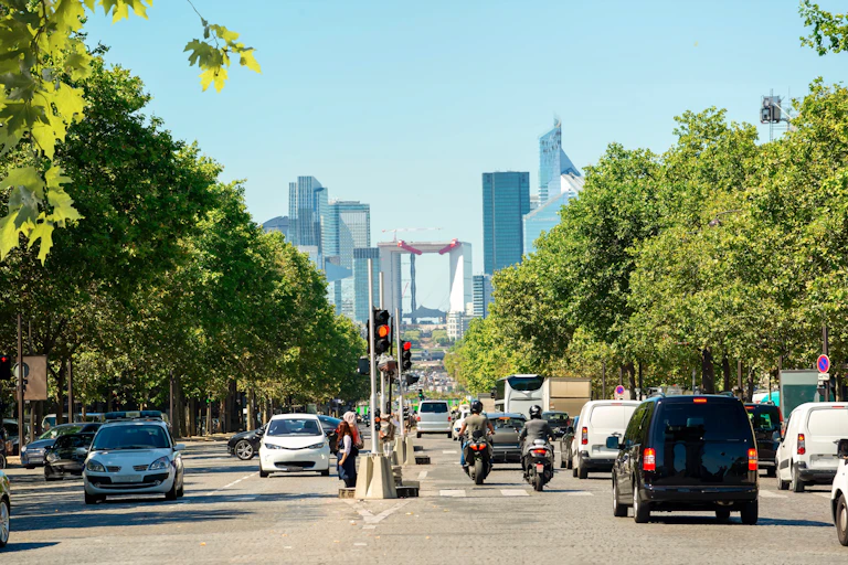 Rue de paris avec des voitures et des arbres