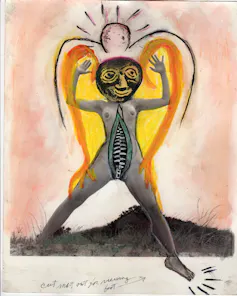 Artwork showing a woman with a zip on her belly
