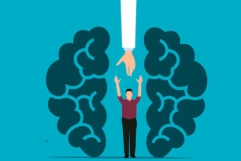 A graphic of a man inside a brain with a large rm reaching down to help him out