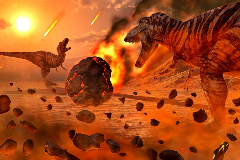 An illustration of two dinosaurs running from falling rocks, fire and debris.