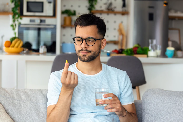 A man wearing glasses sitting on a sofa with a glass of water in one hand, looking at a pill in his other hand