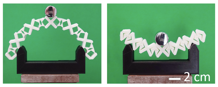 demonstration of a an object in a straight line on the left and curved on the right