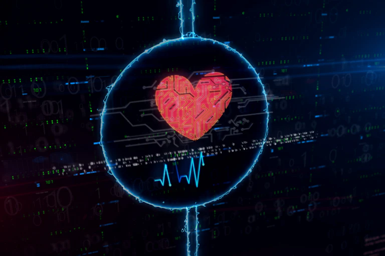 Image of a holographic blue circle with a heart inside it.