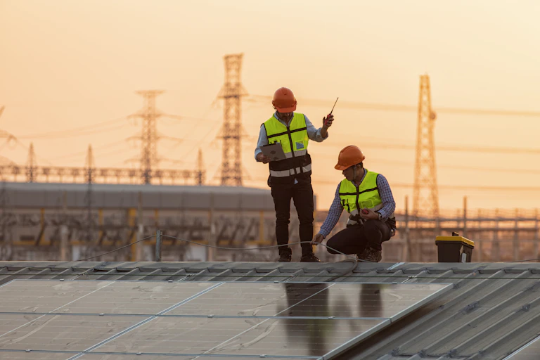 Two workers wearing hi-vis vests and hard hats check solar panels on a rooftop, with a power plant in the background.