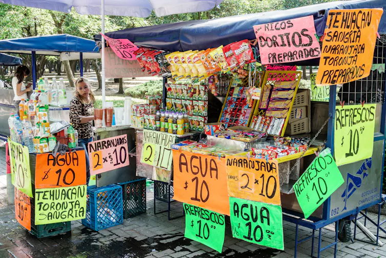 A stall in Mexico City, selling water and soft drinks