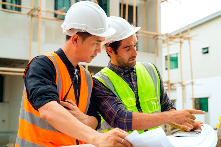 Two men wearing hard hats and plans on building site