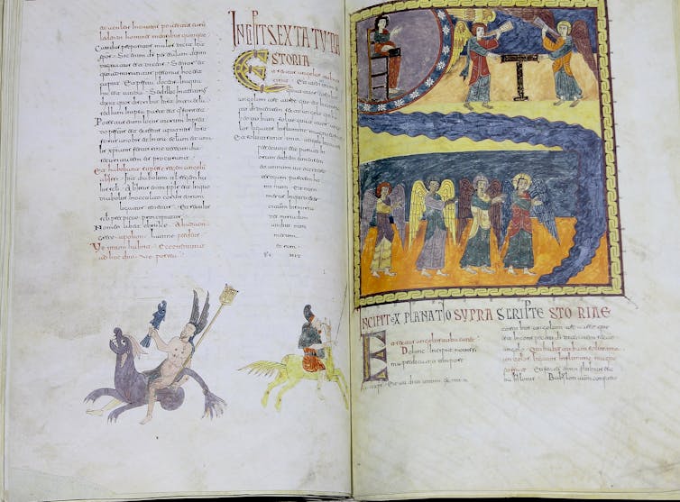 Imagen marginal de la personificación del Océano y ser híbrido cabalgado; el sexto ángel toca la trompeta ante el altar de oro (Apoc. 9, 13). En, _Beato de Girona_. Catedral de Girona.