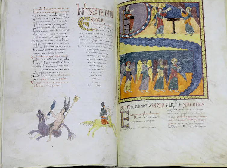 Imagen marginal de la personificación del Océano y ser híbrido cabalgado; el sexto ángel toca la trompeta ante el altar de oro (Apoc. 9, 13). En, _Beato de Girona_. Catedral de Girona.