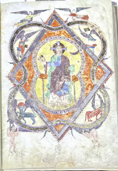 Maiestas Domini, Tetramorfos, ángeles y atlantes alados dibujados por En, _Beato de Girona_. Catedral de Girona.