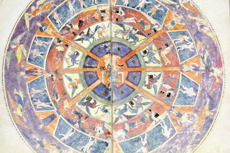 Diagrama del Cielo, con Dios entronizado y esferas de diferentes categorías angélicas creado por En, 'Beato de Girona'. Catedral de Girona.