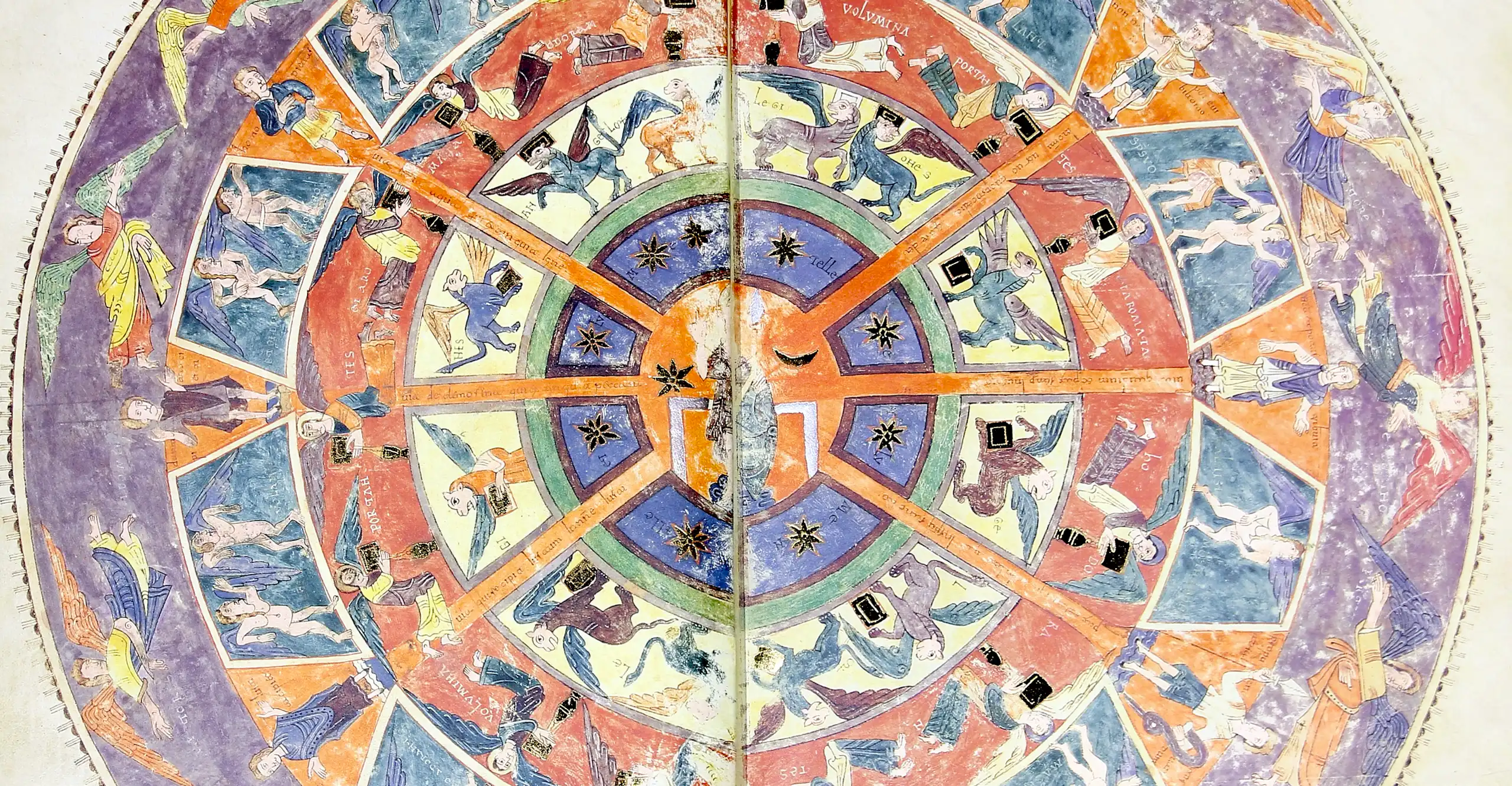 Diagrama del Cielo, con Dios entronizado y esferas de diferentes categorías angélicas creado por En, 'Beato de Girona'. Catedral de Girona.