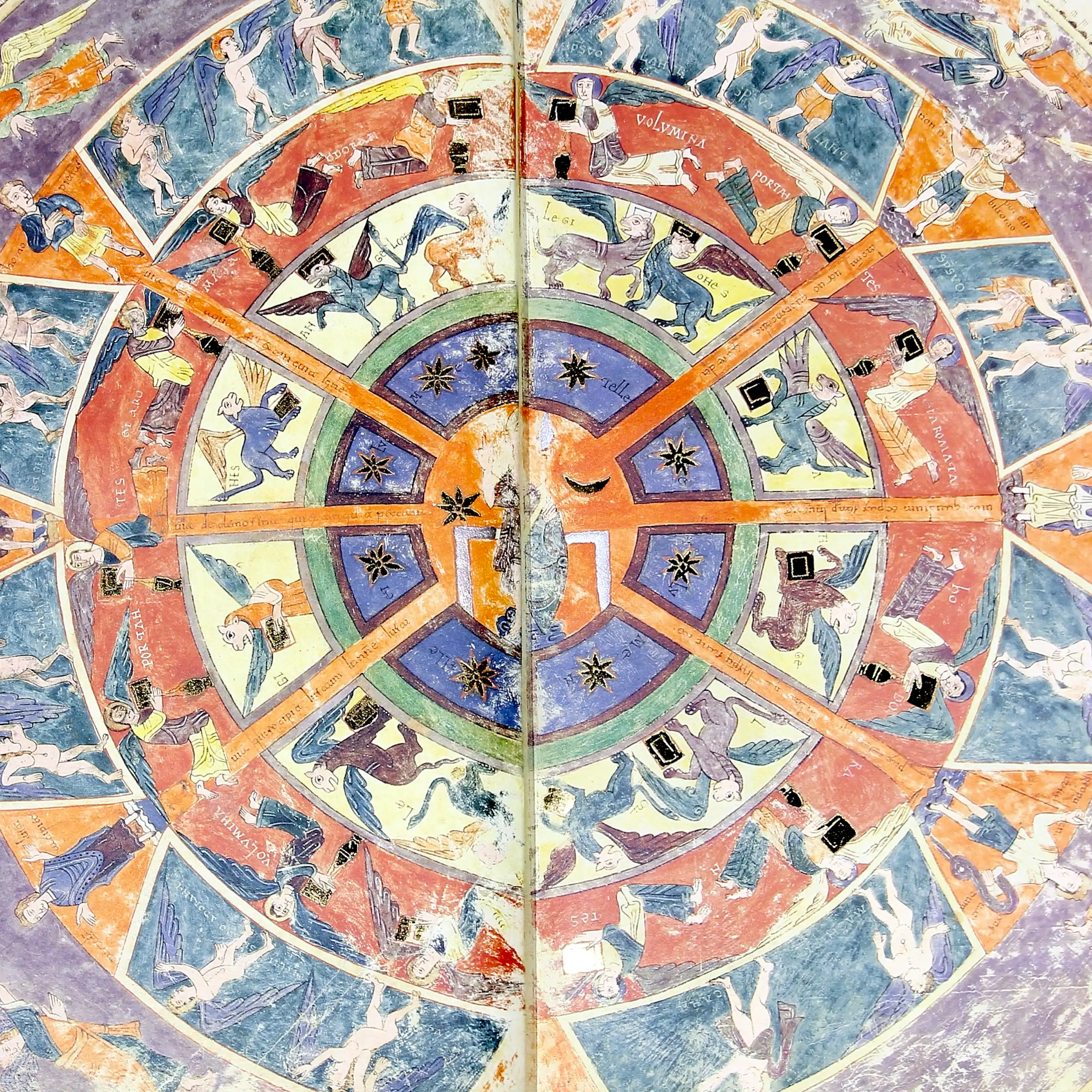 Diagrama del Cielo, con Dios entronizado y esferas de diferentes categorías angélicas creado por En, 'Beato de Girona'. Catedral de Girona.