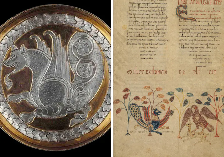 A la izquierda, la reproducción de un _senmurv_, un ser híbrido de águila, león y pavo real, en una placa de plata dorada conservada en el British Museum, del siglo 7-8 en India- A la derecha, el _coreus_ creado por En.