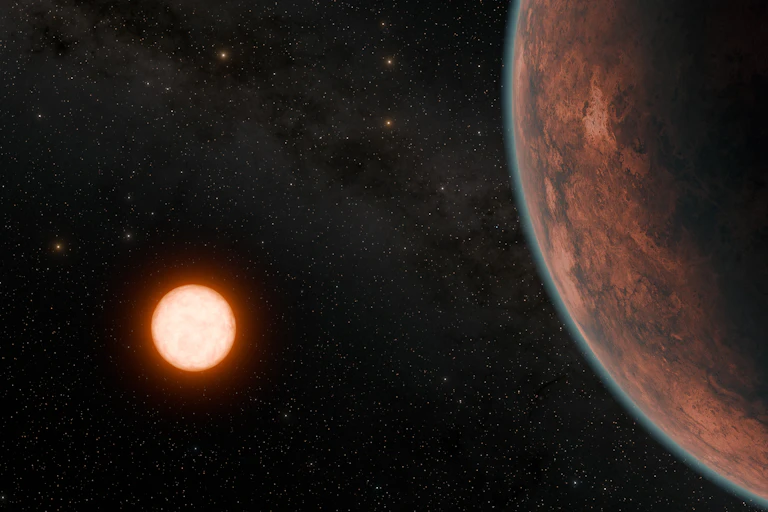 Gliese 12 b, which orbits a cool red dwarf star located just 40 light-years away, promises to tell astronomers more about how planets close to their stars retain or lose their atmospheres. In this artist’s concept, Gliese 12 b is shown retaining a thin atmosphere.