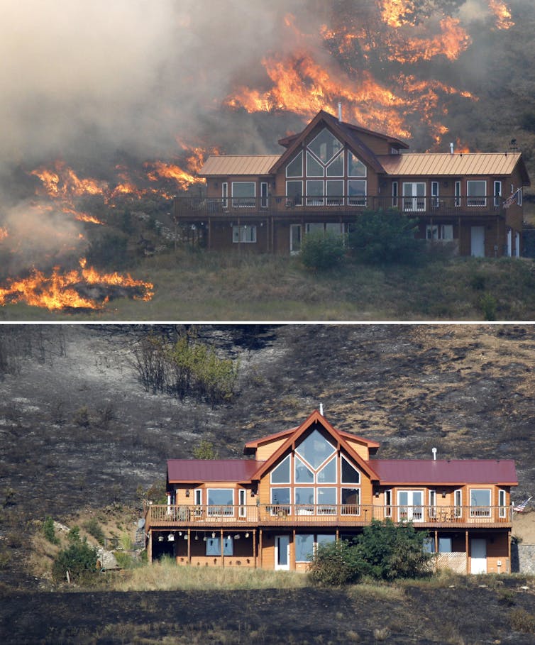 Two photos show the house with the fire behind it and after the fire, with burned land around it but the house untouched.