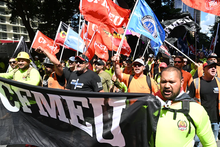 Large crown of men holding banner and flags at a protest