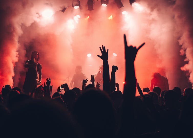 Silhouettes of people at a music festival or concert.