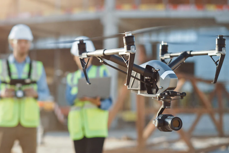 Construction workers with drone