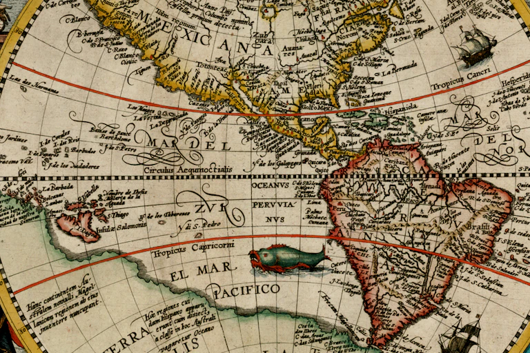 Dibujo del mapa de América en el siglo XVI en el que se distinguen las actuales México y América del Sur.